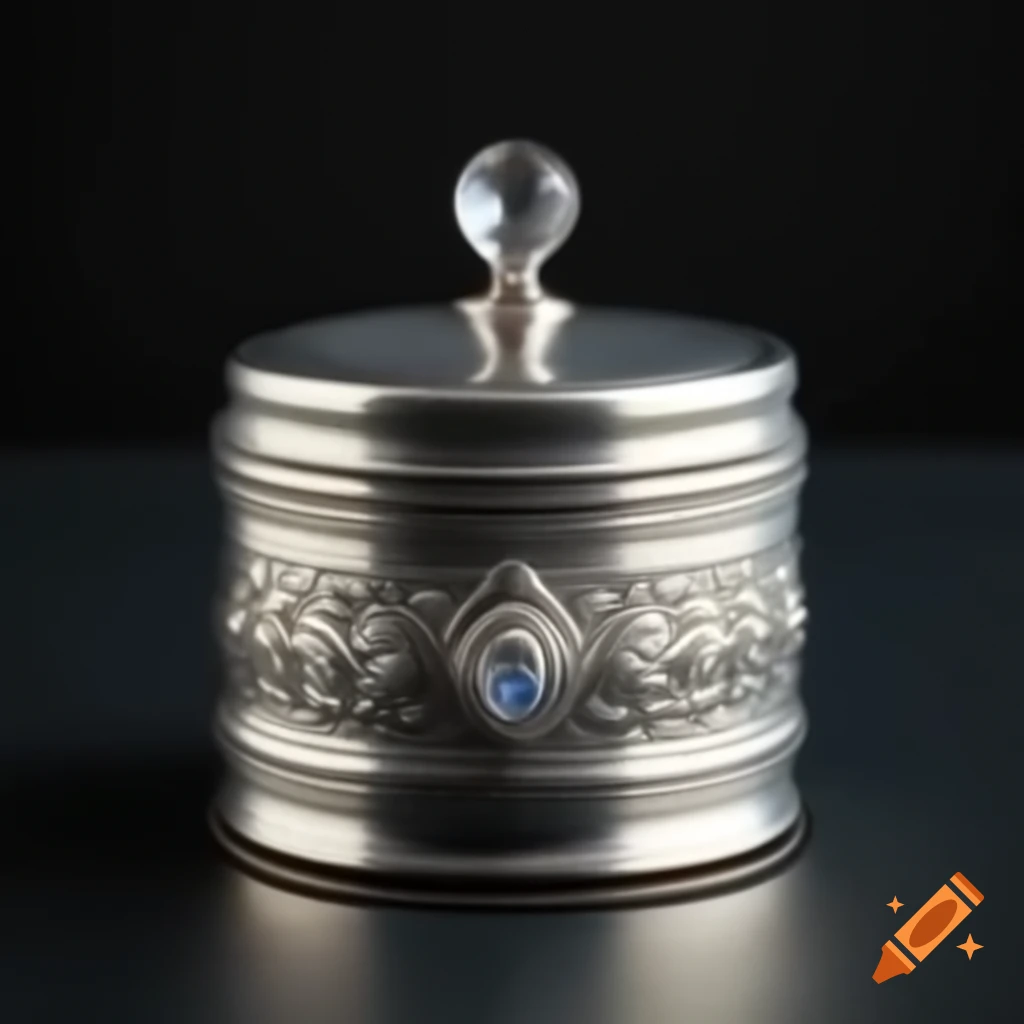 Realistic silver plated box with quartz knob on lid