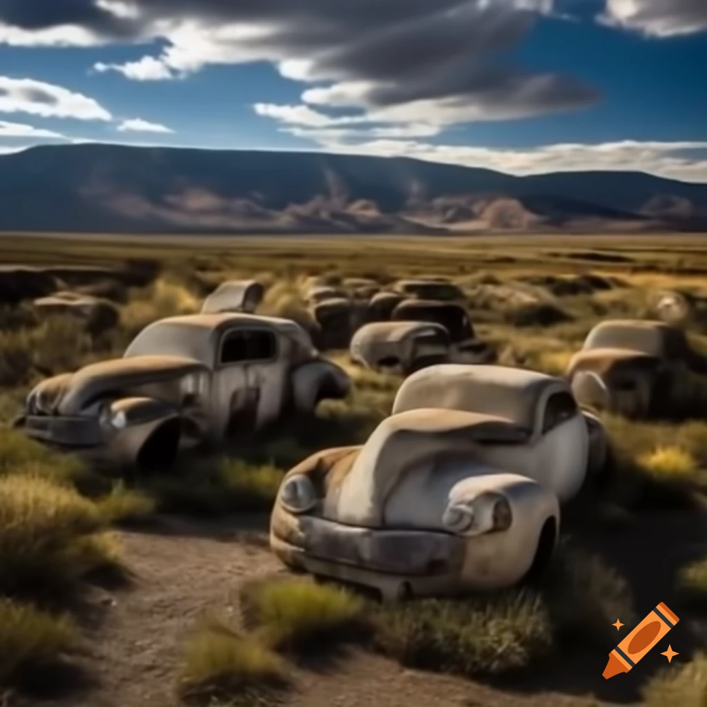 Abandoned car graveyards in remote wilderness badlands