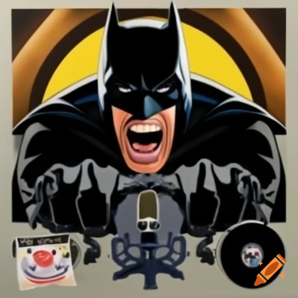 Caricature of Batman screaming with microphone at concert, realistic album cover style