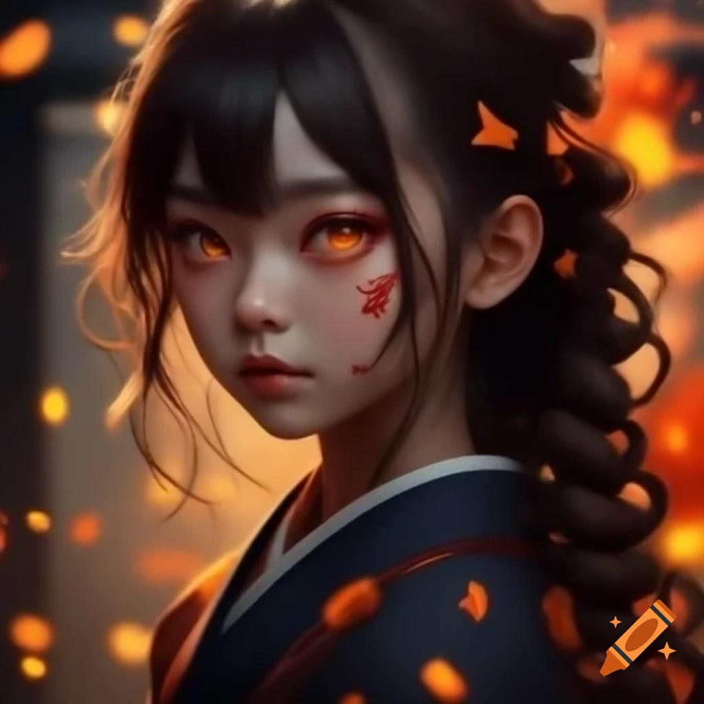 Close-up of caramel colored Japanese woman with braided wavy curly hair and fireflies in her eyes