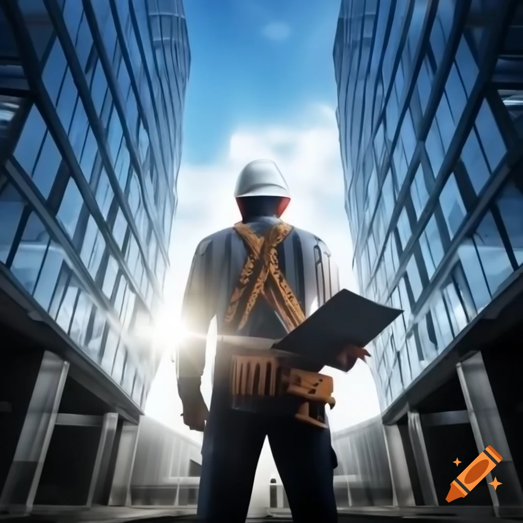Civil engineer observing modern skyscraper wearing hard hat and safety vest