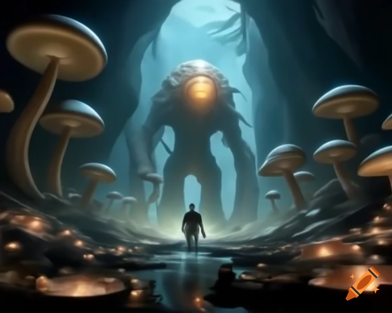 Cyborg facing luminescent creature in cave filled with glowing mushrooms