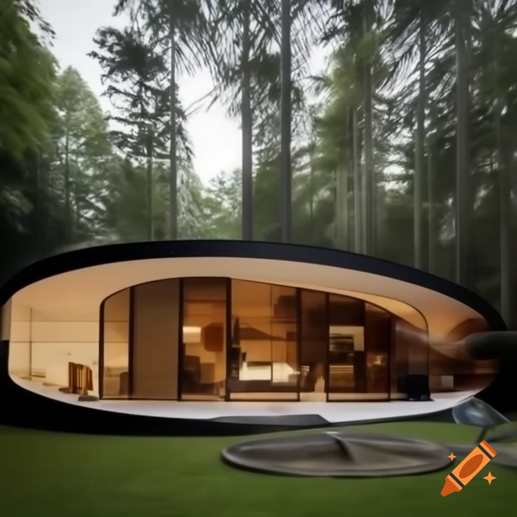 Modern house in woods featuring bee boxes, circular bed, PC setup, and Arnold Schwarzenegger mural