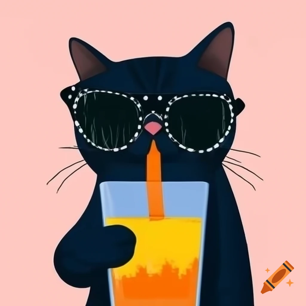Cartoon art of black cat wearing sunglasses drinking a beverage
