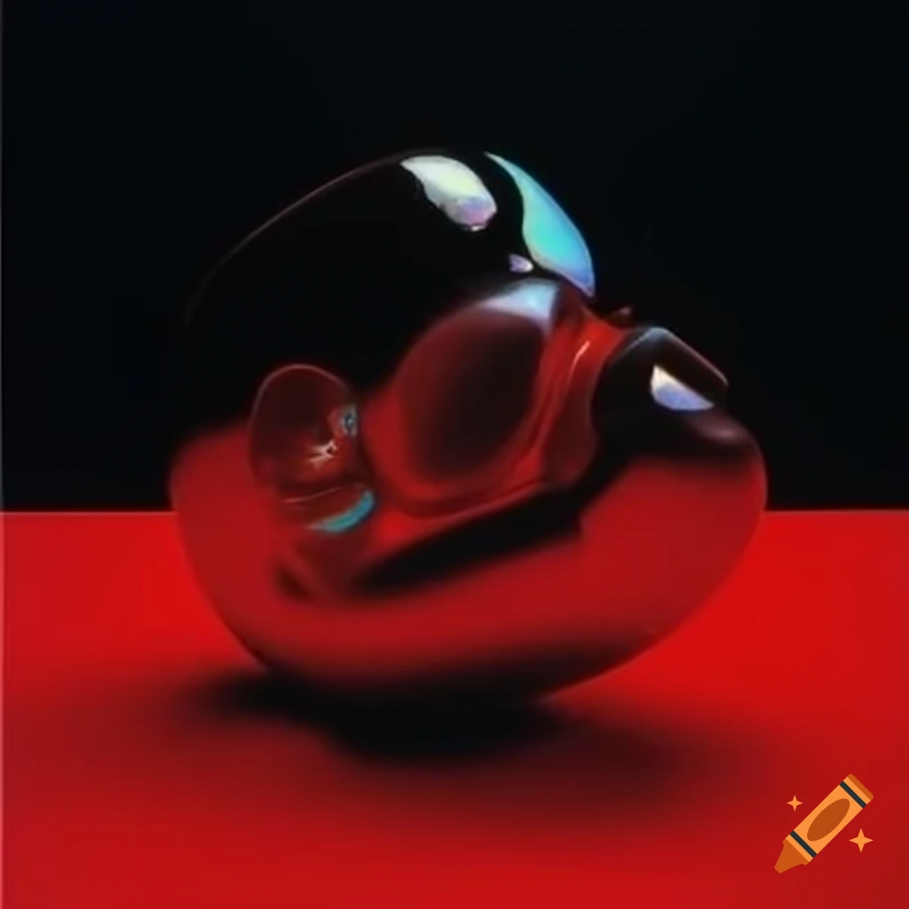 Iridescent red glass statue in pop surreal photography style from the 2000s