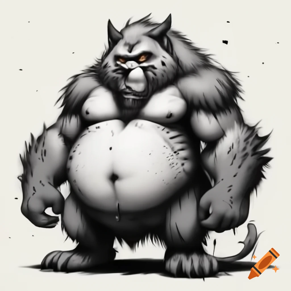 Cartoon-style full body image of chubby werewolf with big eyes and shaggy beard in black and white