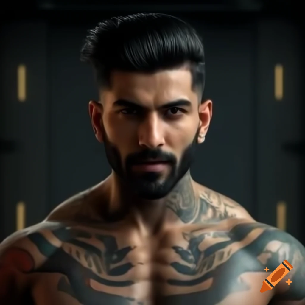 Photorealistic depiction of futuristic Indian male rebel with tattoos