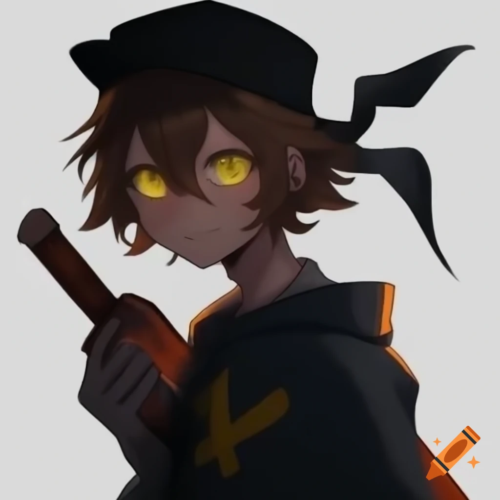 Older anime character Niko with a black headband and glowing gang symbol, rusty machete, bored expression
