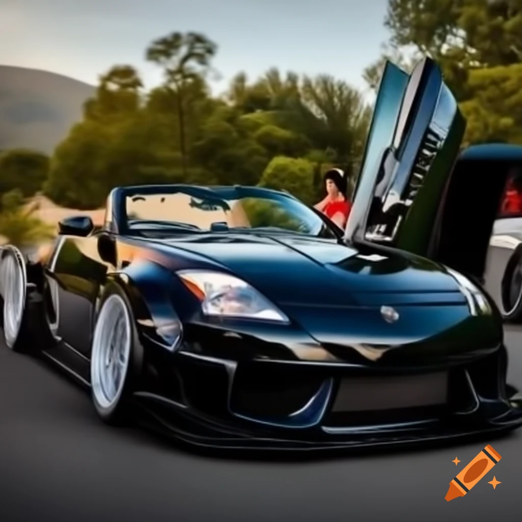 350Z convertible with aftermarket body kit and Lamborghini doors in natural setting