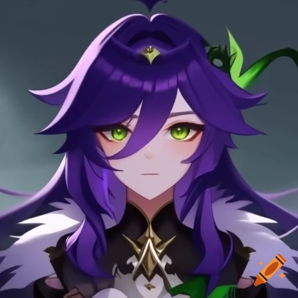 Genshin Impact character design with lavender hair and dark green streak, featuring metallic black accessory