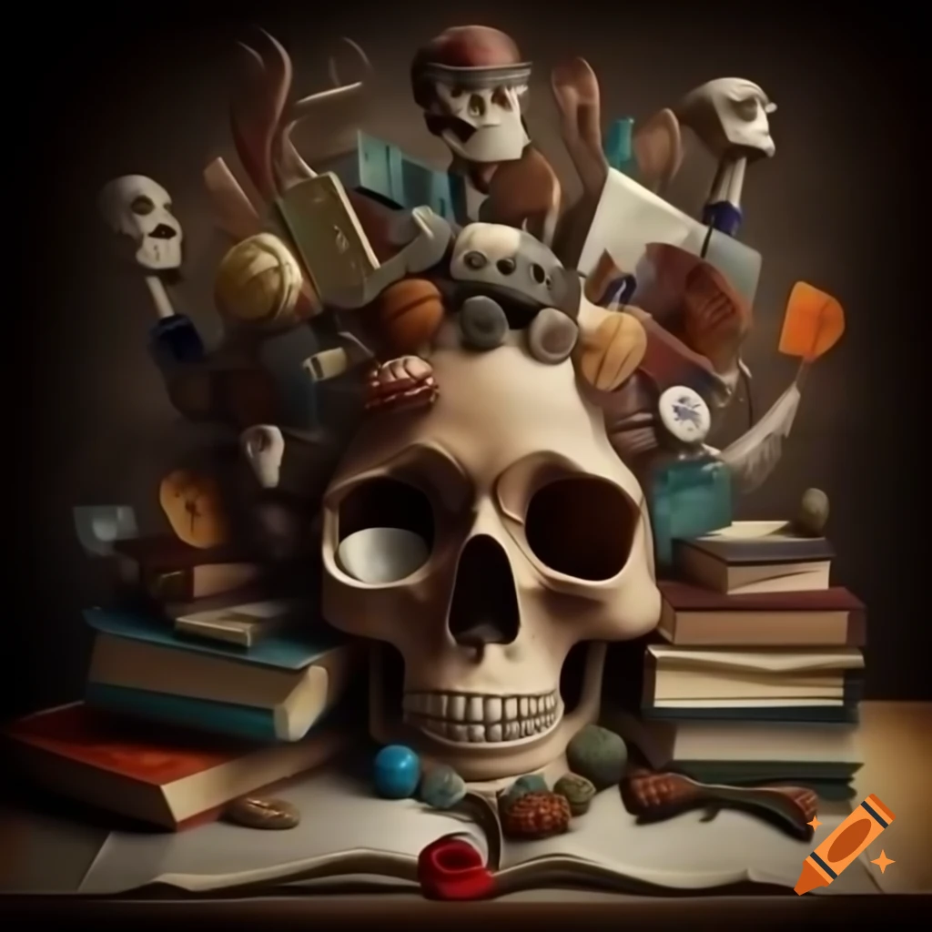 Conceptual artwork illustrating two sides of the human mind with books and actions