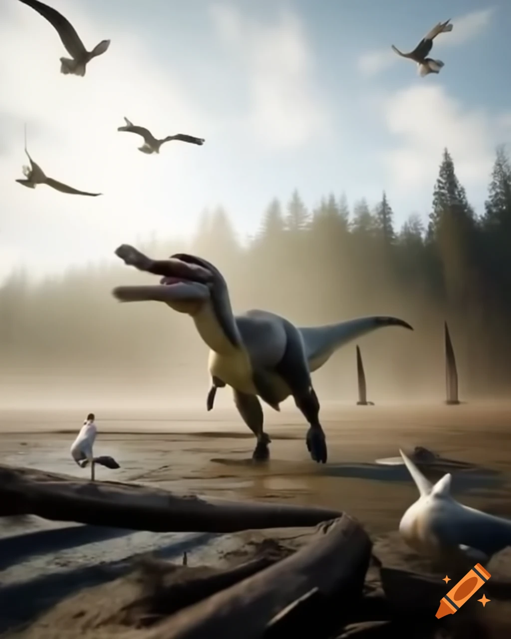 Spinosaurus walking towards camera with seagulls in mudflat in British Columbia
