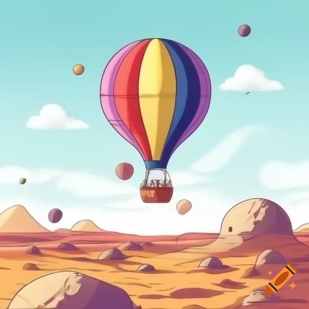 Multi-colored hot air balloon flying above Mars in manga style