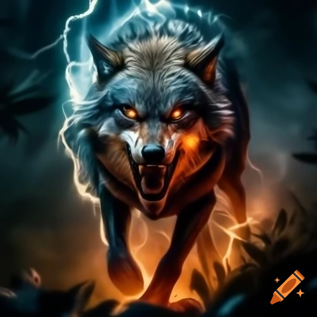 Fierce wolf with glowing amber eyes roaring against dark stormy clouds