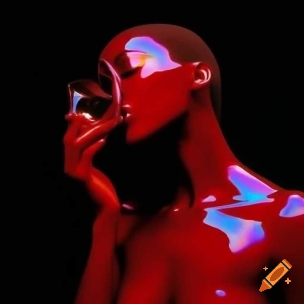 Iridescent red glass statue in pop surreal 2000's photography