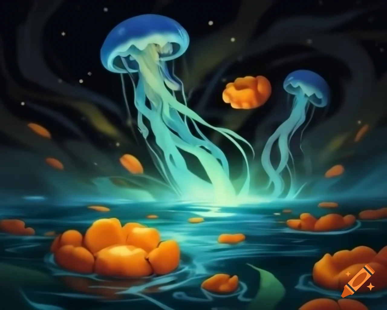Celestial scene with galactic waters and luminous jellyfish