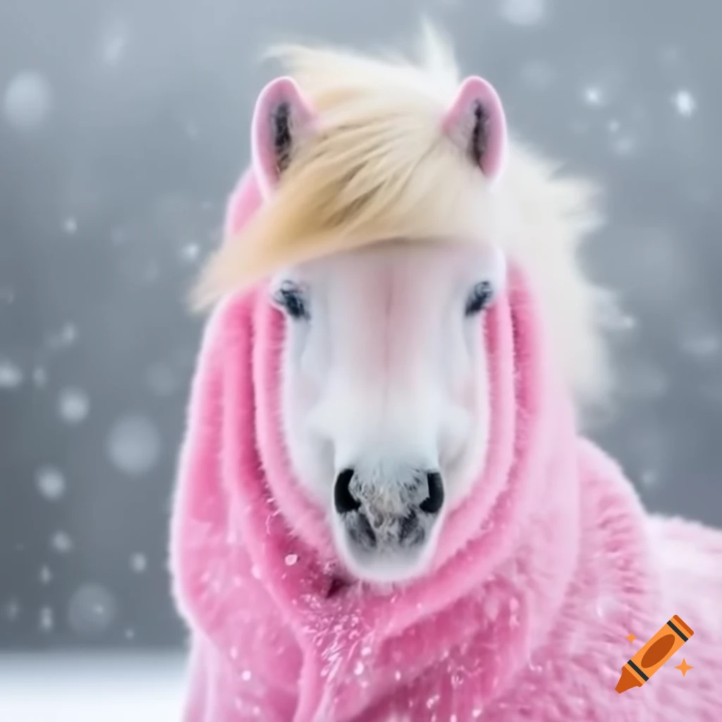 Majestic unicorn with sparkling pink coat in snow