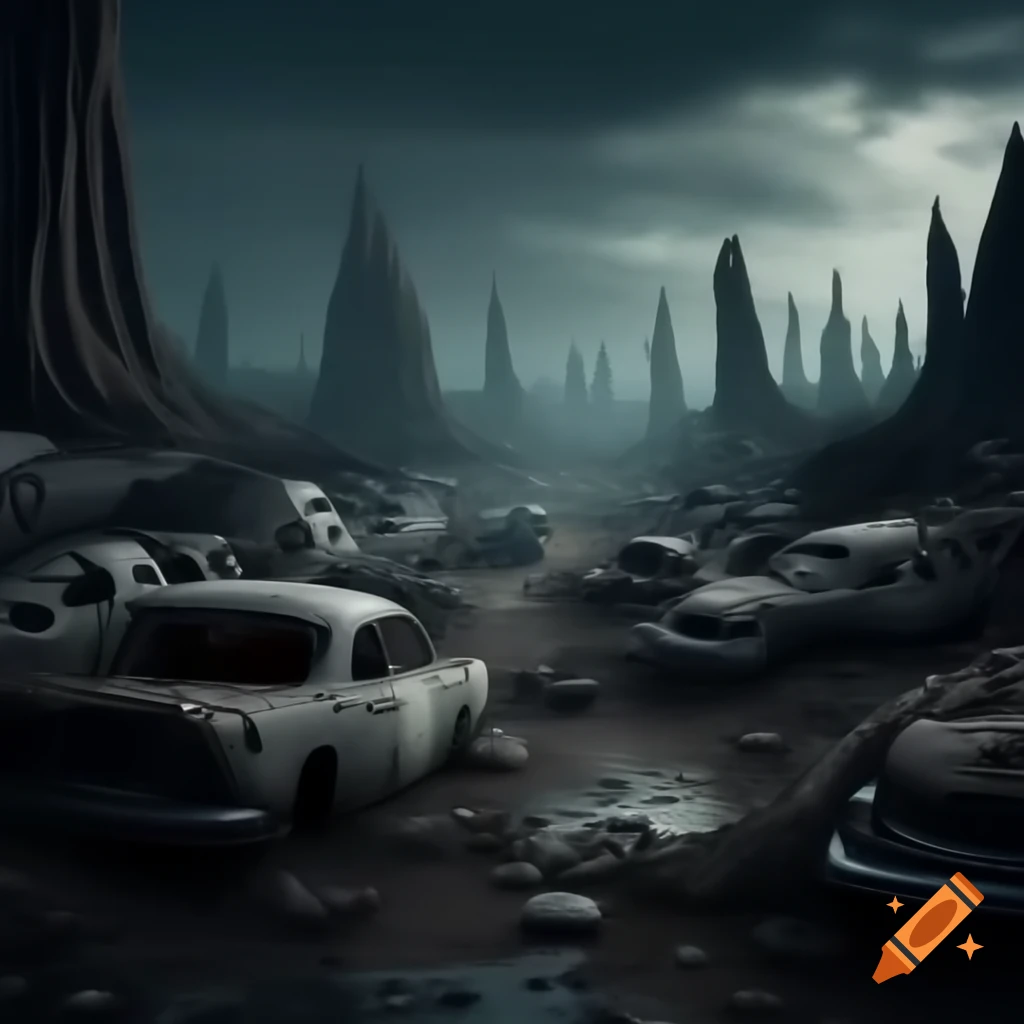 Ghosts in a haunted car junkyard at night with an eerie atmosphere