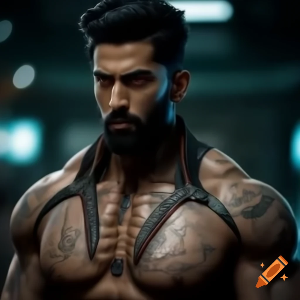 Photorealistic futuristic Indian male rebel with tattoos