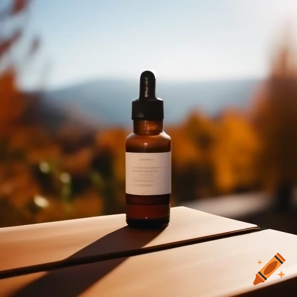 CBD bottle on wooden table with autumn landscape