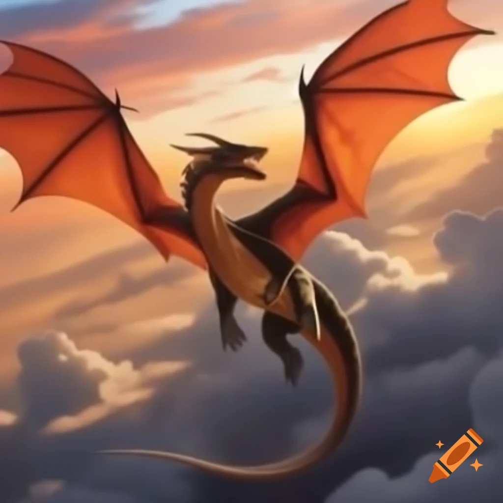 Dragon flying over clouds during sunset