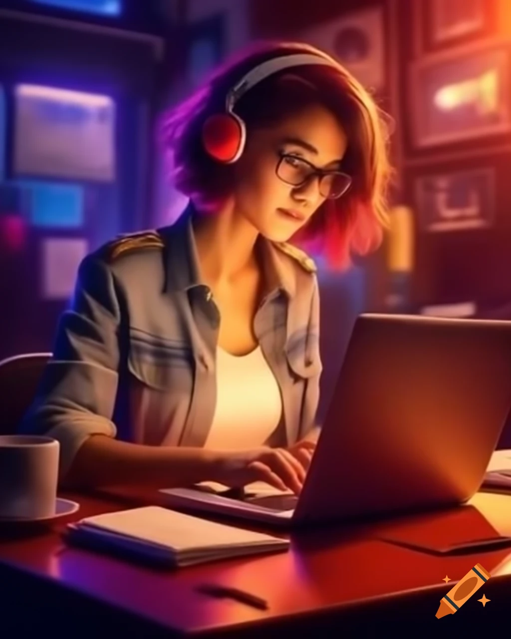 Red and blue android writing code on a computer