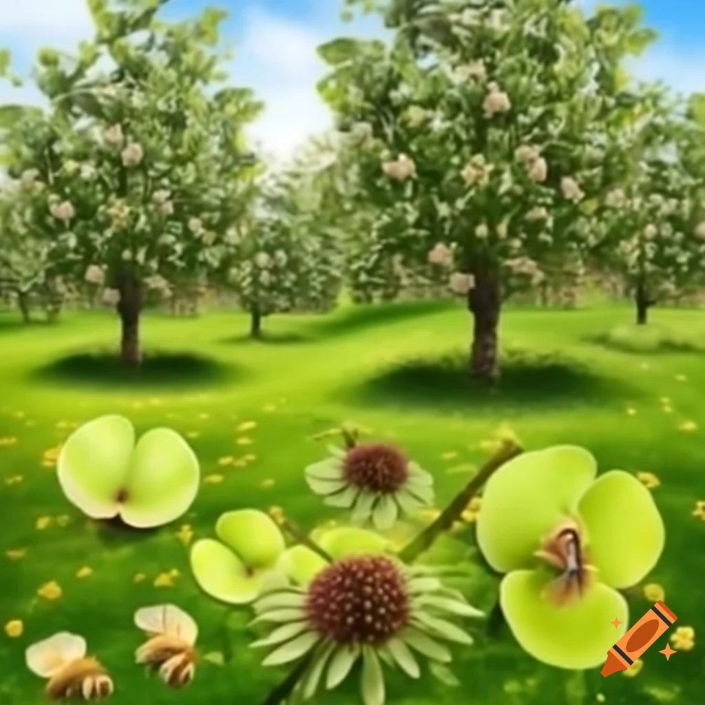 Apple trees surrounded by lavender and clovers with bees