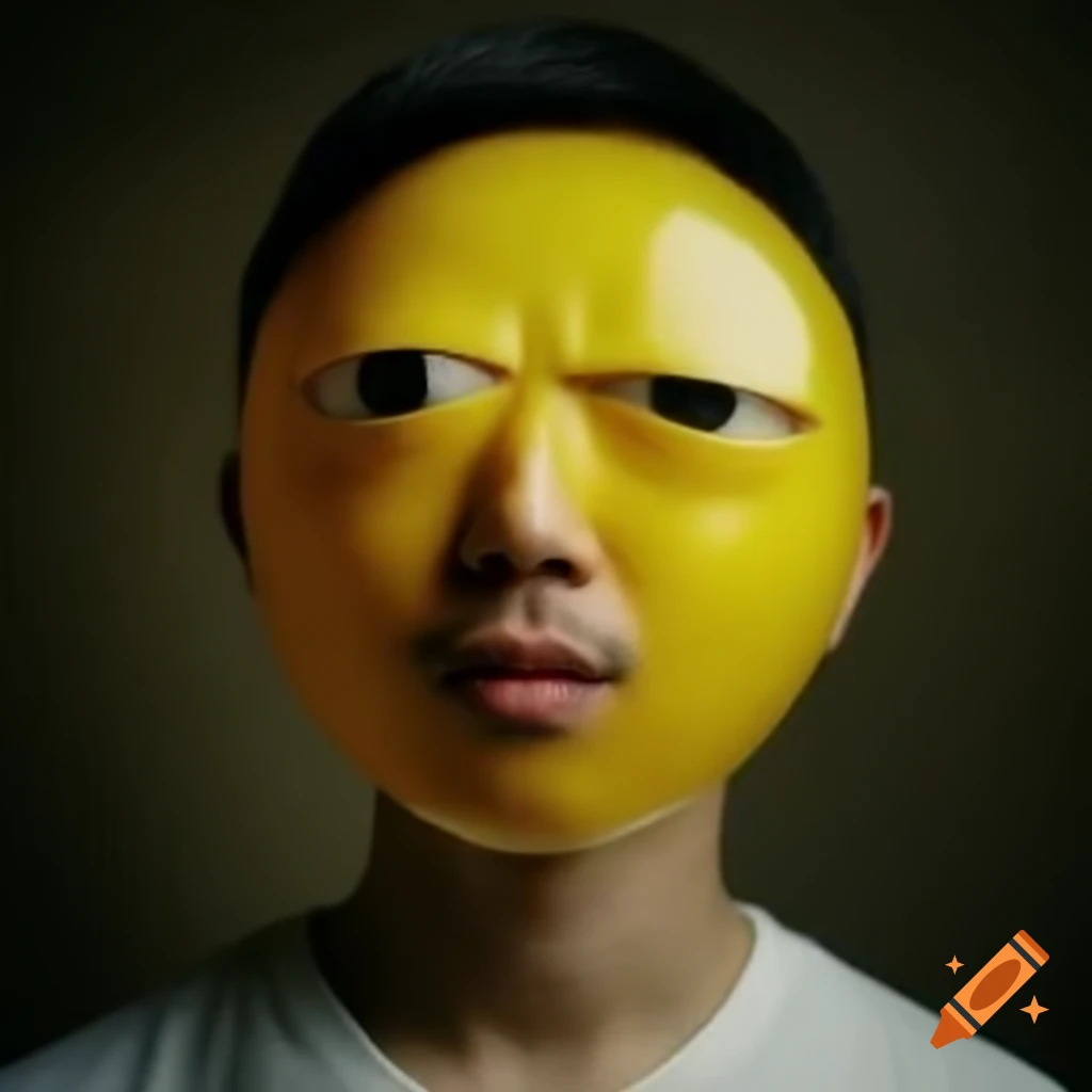 Actor resembling yellow-skinned character with emoji balloon head looking into camera
