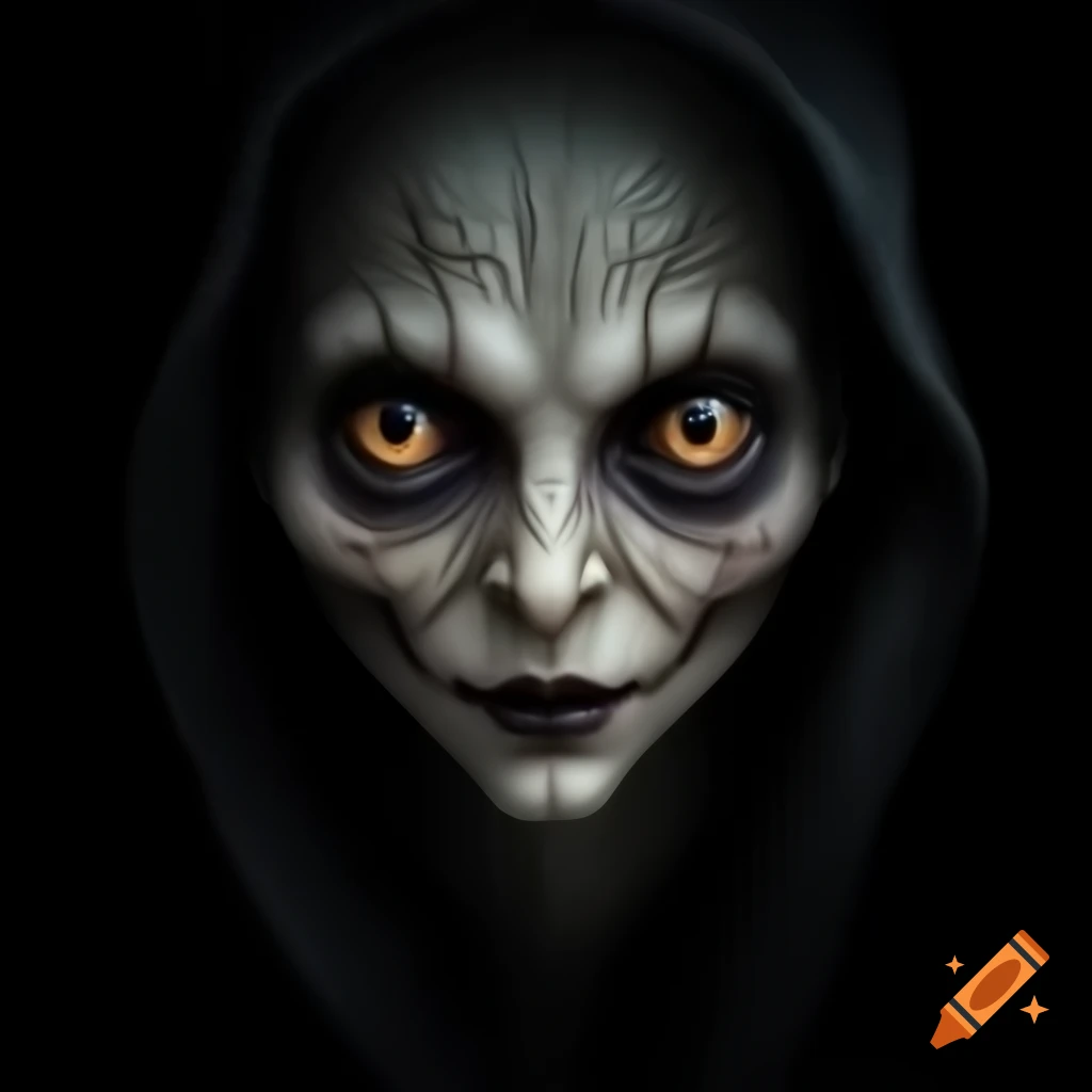 Spooky creature with black eyes, featuring a ghoul and vampire against black background