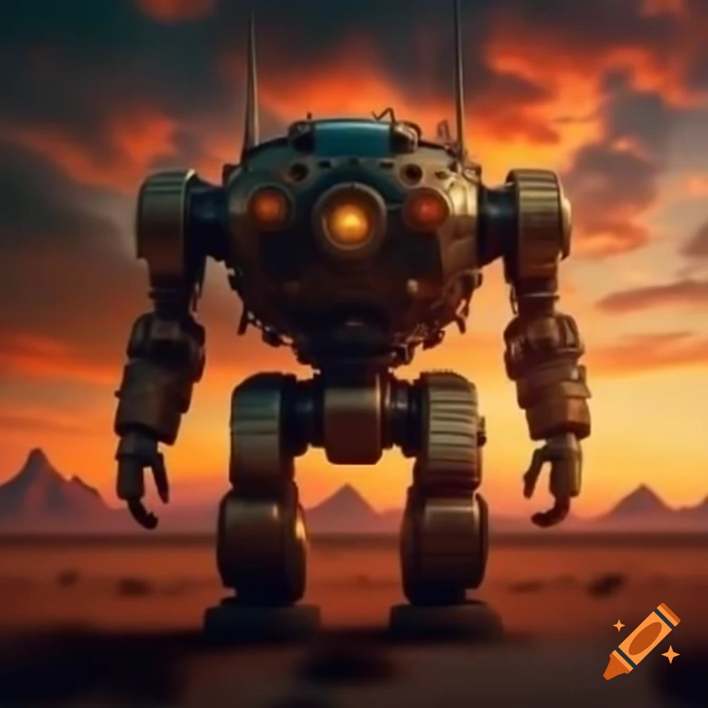 Retro robot with polished gears walking towards sunset horizon