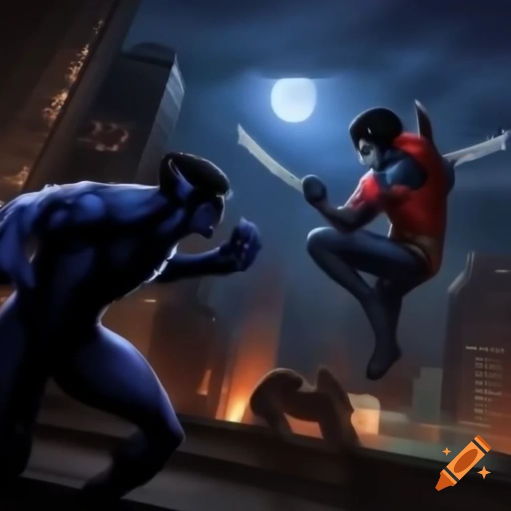 Wolverine and Nightcrawler ready for battle in moonlit cityscape