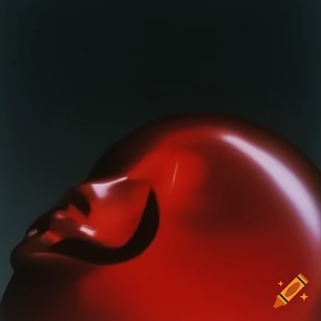 Pop surreal photography featuring iridescent red glass statue
