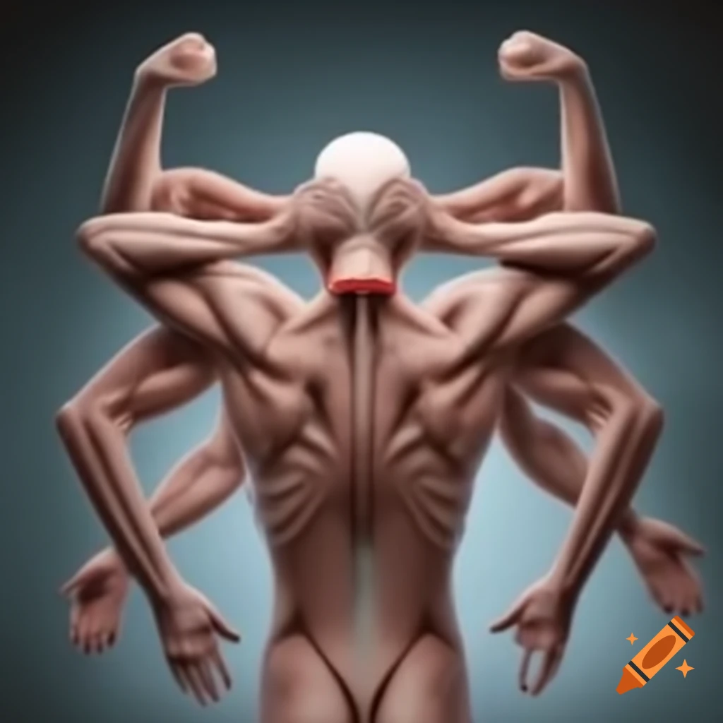 Human figure with six arms in a surreal depiction