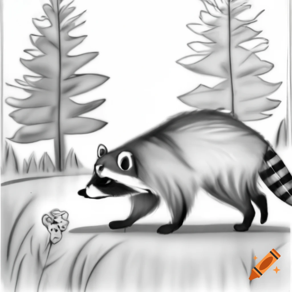 Pencil drawing of raccoon walking in forest at sunset with flower