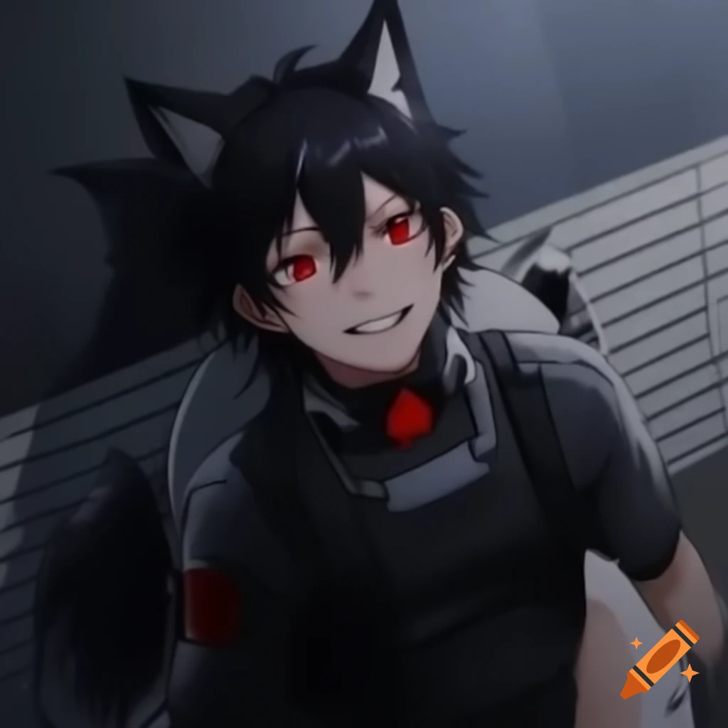 Anime boy with wolf ears and tail in black combat gear, smiling against a wall