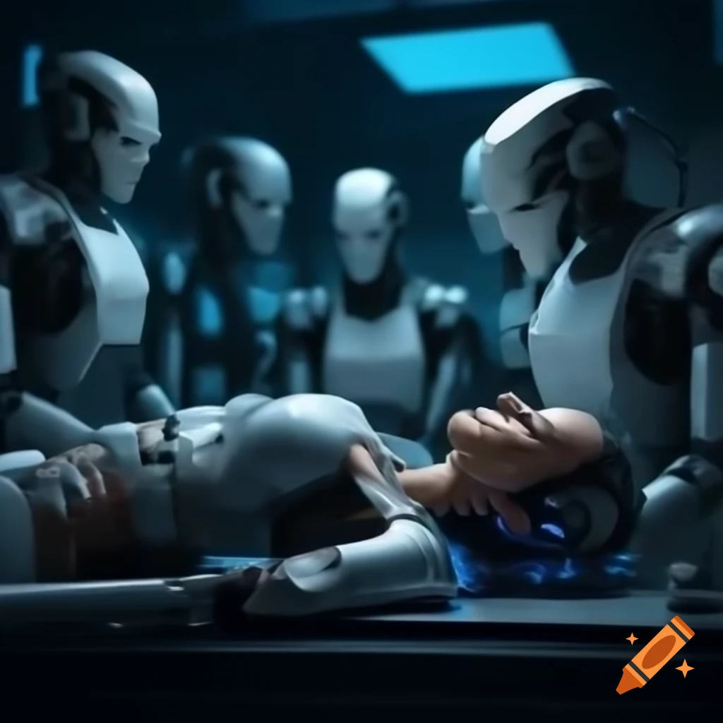 Cybernetic technicians enhancing futuristic lab patient on table