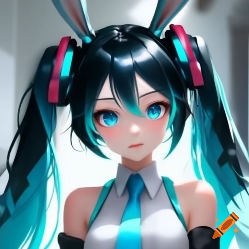 Hatsune Miku as an android with black and blue hair and rabbit ears