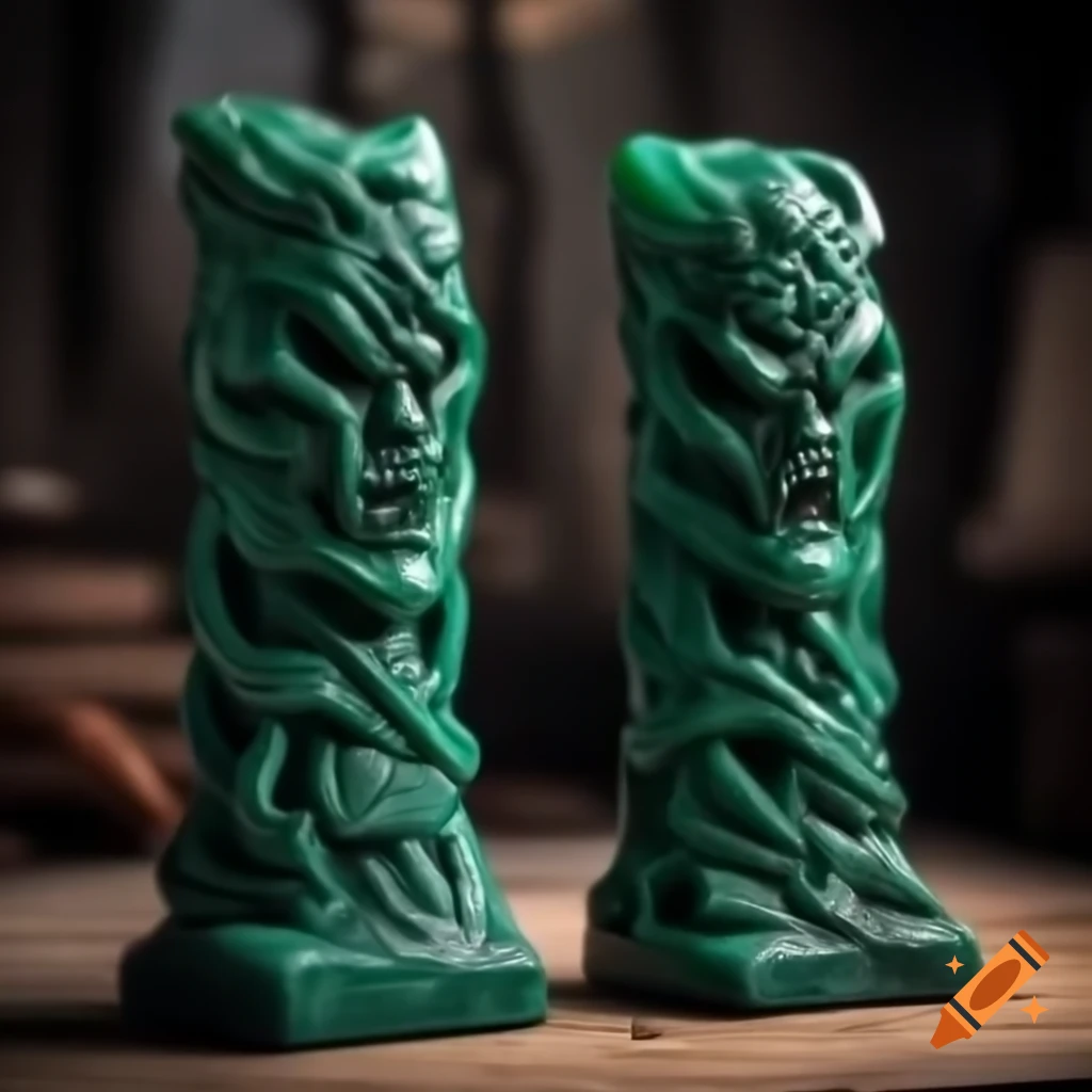 Cityscape with malachite pillars shaped into graceful figures, highly detailed