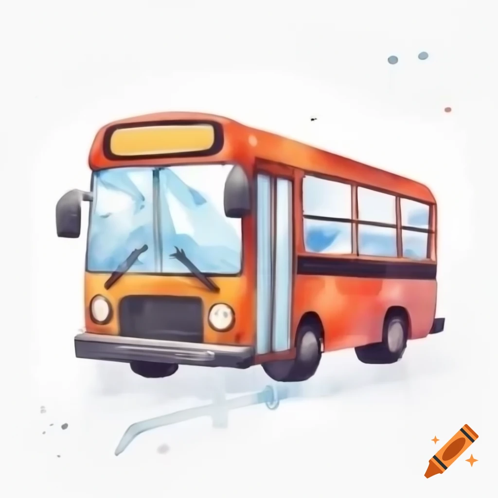 Cartoony bus illustration on white background, watercolor style