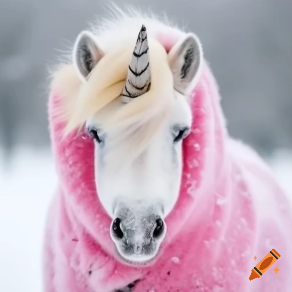 Majestic unicorn with sparkling pink coat in snow