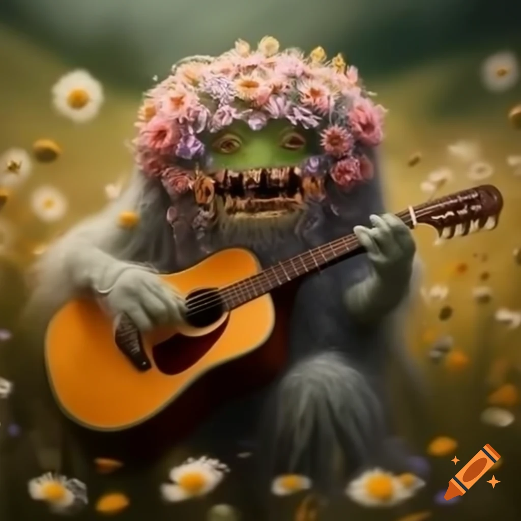 Flower monster playing guitar in wildflower meadow, highly detailed