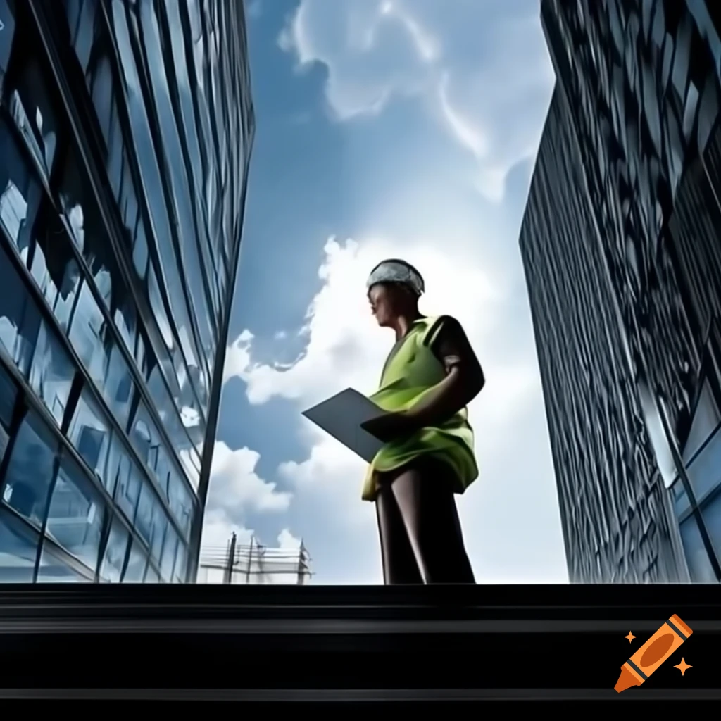 Civil engineer observing modern skyscraper wearing hard hat and safety vest