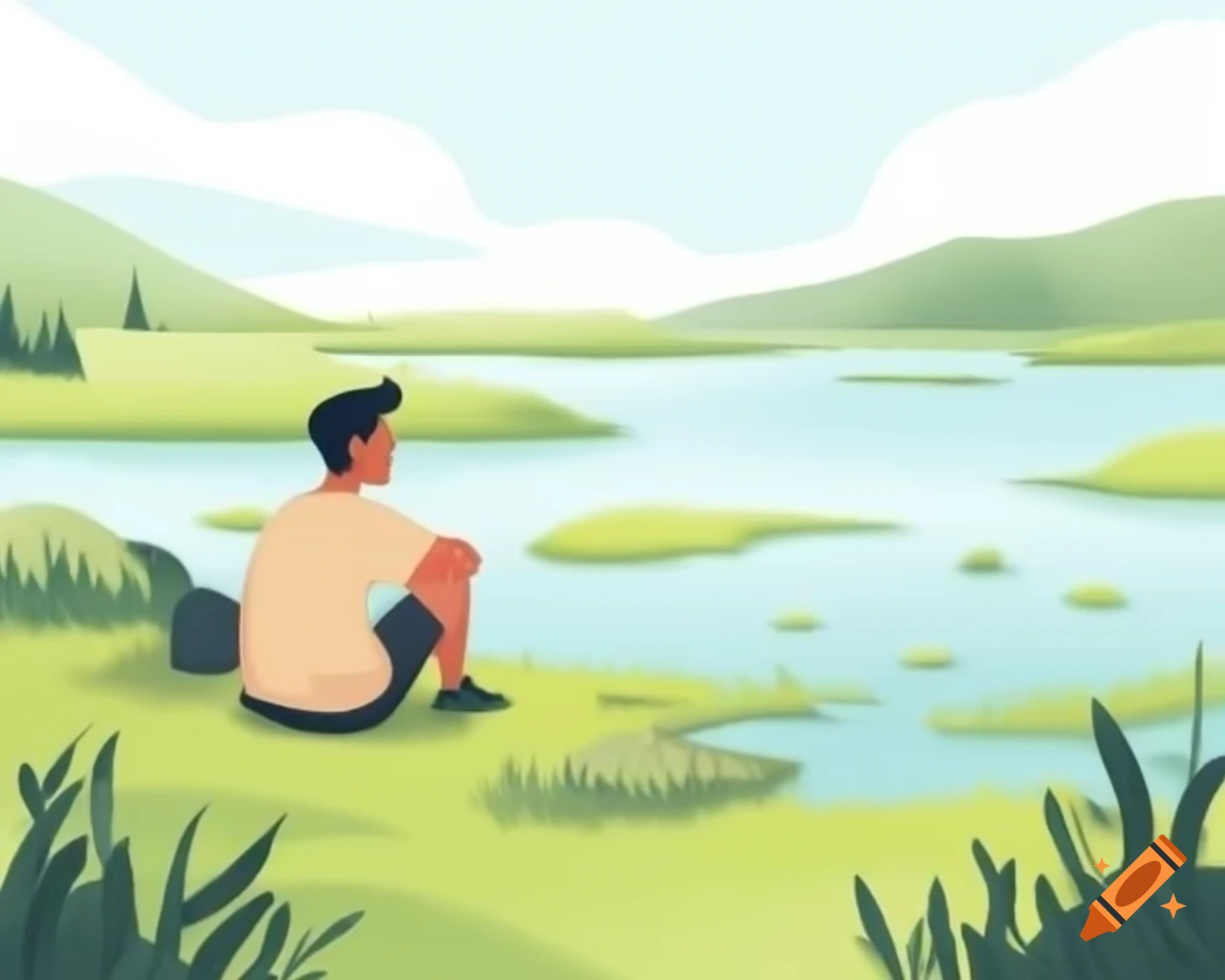 Man sitting on grass by the lake