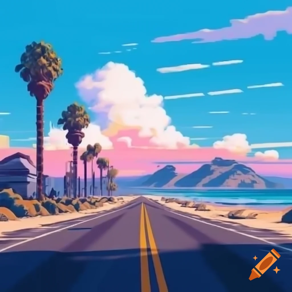 Pixel art of California palm tree along a road and beach