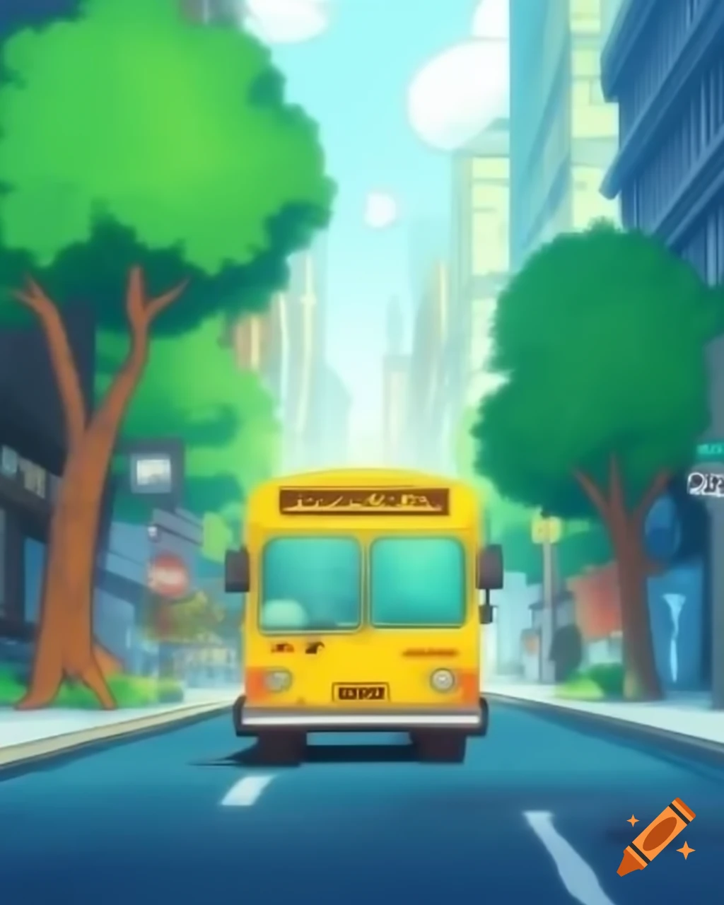 Yellow bus driving through city alley with trees