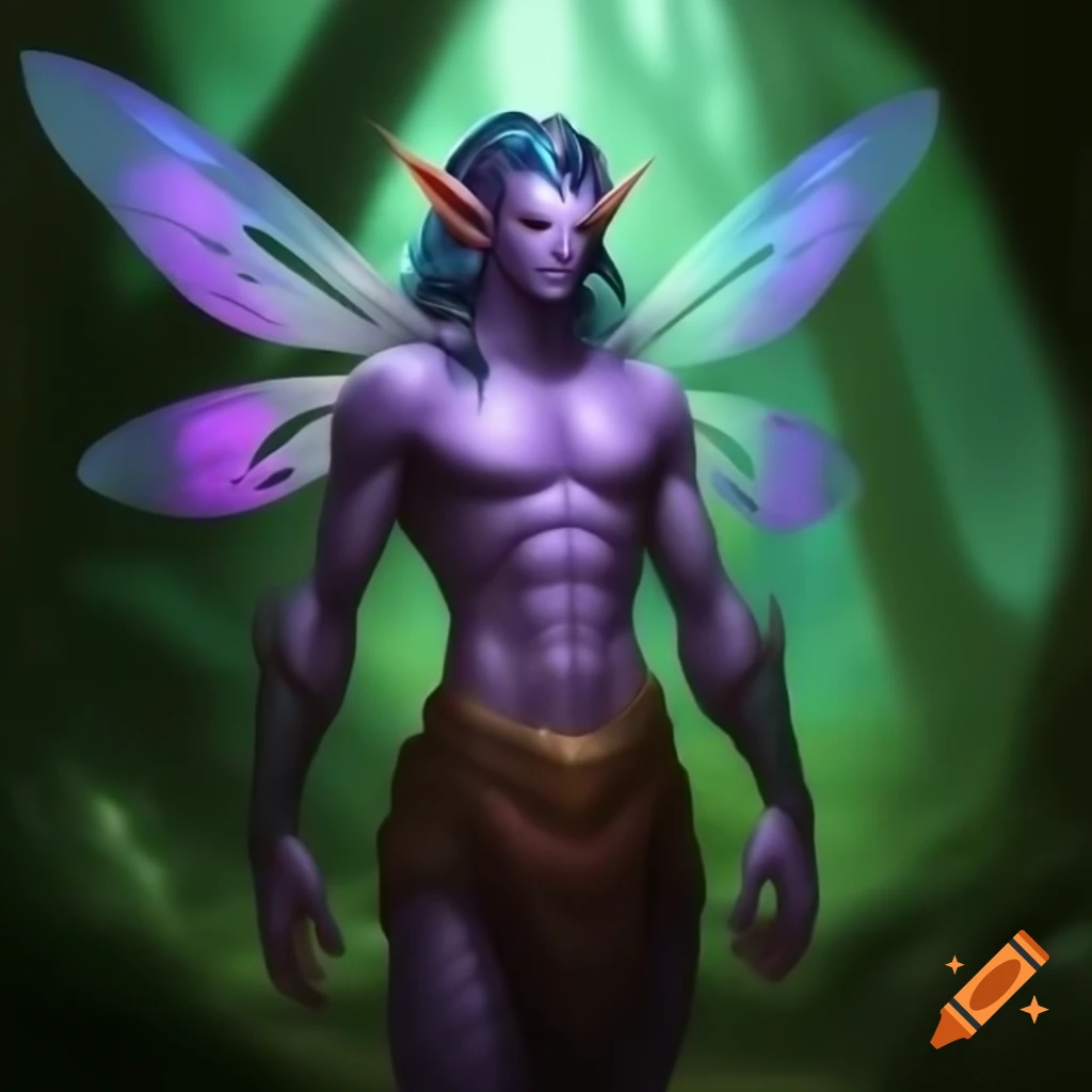 Male sylph character with elven features and dragonfly wings in fantasy setting
