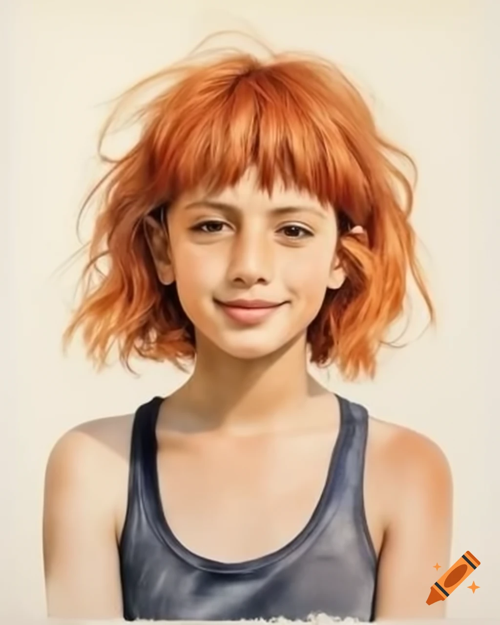 Hyper-realistic portrait of female skater with ginger hair in tank top at skate park