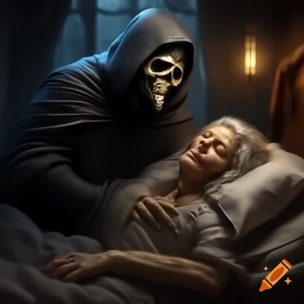 Old, sick patient in bed with a reaper figure overhead