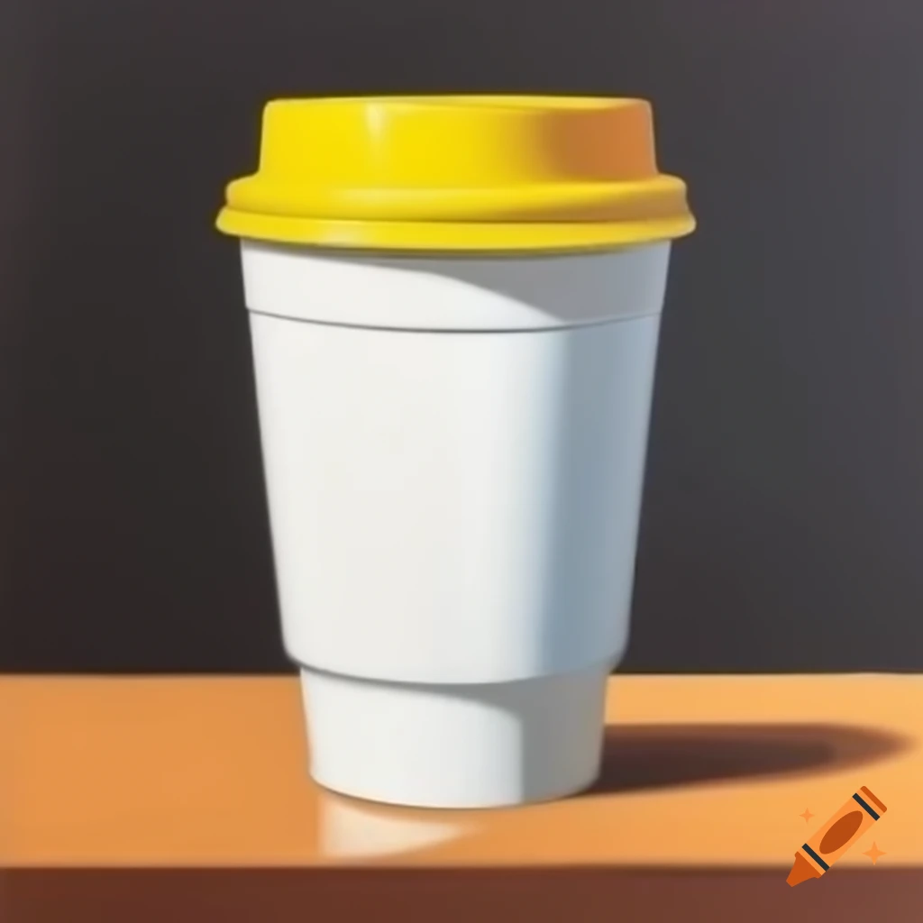 Off white coffee cup with yellow lid labeled Jimmy's Coffee