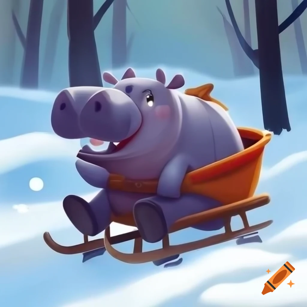 Cartoon hippo on sledge in snowy forest setting